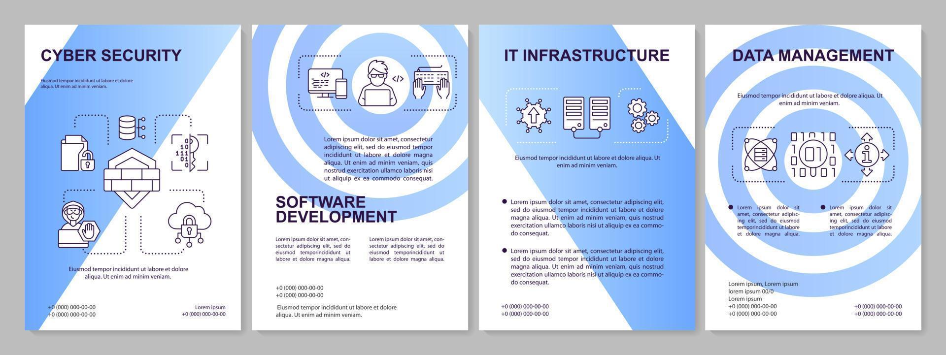 beliebt es verzweigt sich Broschürenvorlage mit blauem Farbverlauf. Informatik. Broschürendesign mit linearen Symbolen. 4 Vektorlayouts für Präsentationen, Jahresberichte. vektor