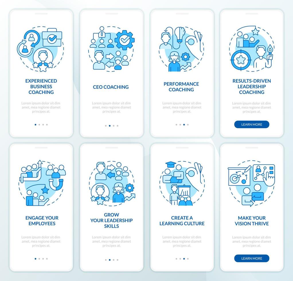 verkställande coaching program blå onboarding mobil app skärm uppsättning. genomgång 4 steg redigerbar grafisk instruktioner med linjär begrepp. ui, ux, gui mall. vektor