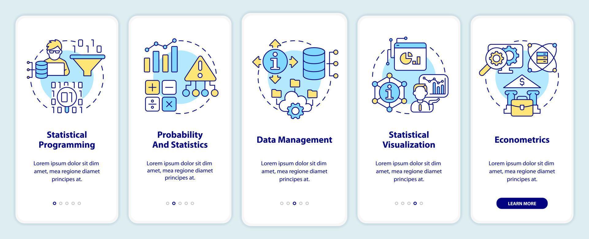 datenanalystenfähigkeiten beim onboarding des mobilen app-bildschirms. Beruf Walkthrough 5 Schritte bearbeitbare grafische Anweisungen mit linearen Konzepten. ui, ux, gui-Vorlage. vektor