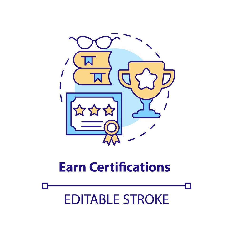 Symbol für das Konzept der Zertifizierungen erwerben. Berufserfahrung. Werden Sie Software-Ingenieur abstrakte Idee dünne Linie Illustration. isolierte Umrisszeichnung. editierbarer Strich. vektor
