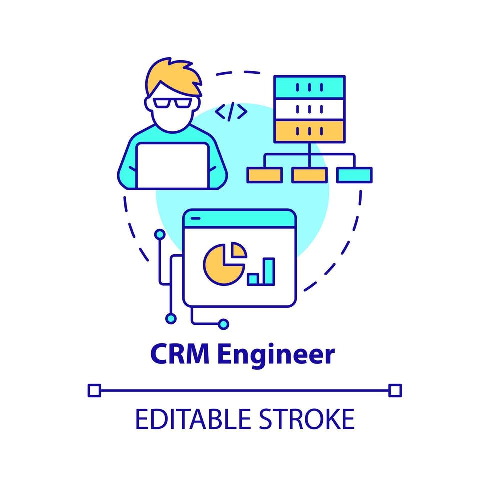CRM-Ingenieur-Konzept-Symbol. Kundenbeziehungsmanagement. Software-Ingenieur Pfad abstrakte Idee dünne Linie Abbildung. isolierte Umrisszeichnung. editierbarer Strich. vektor