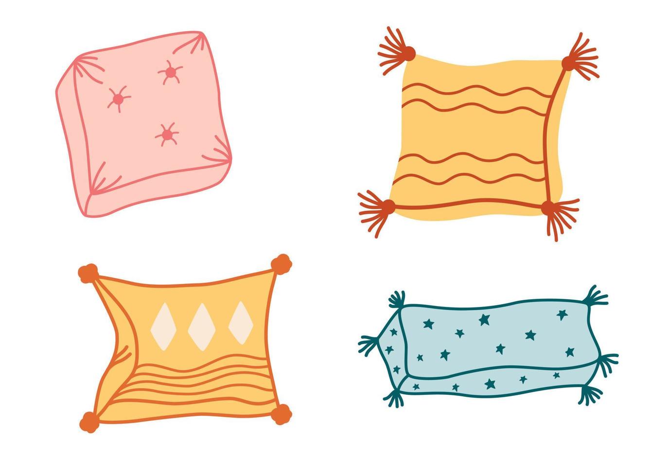 Kissen-Set. trendiges Bettkissen im Boho-Stil mit abstrakten geometrischen Mustern. modernes Design von Wohnkissen für Wohnräume. hand gezeichnete illustration lokalisiert auf dem weißen hintergrund vektor