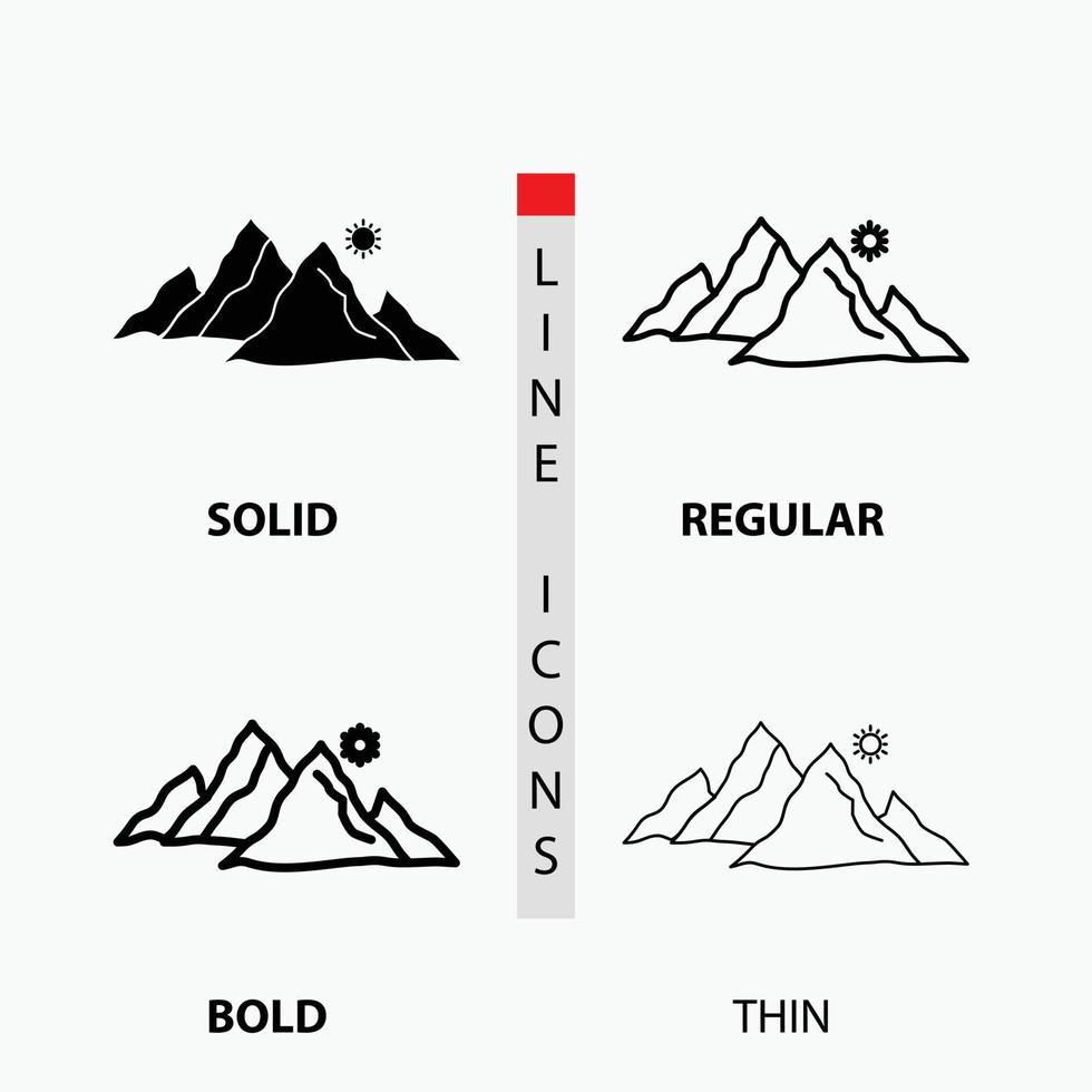 Berg. Landschaft. hügel. Natur. Sonnensymbol in dünn. regulär. fette Linie und Glyphenstil. Vektor-Illustration vektor