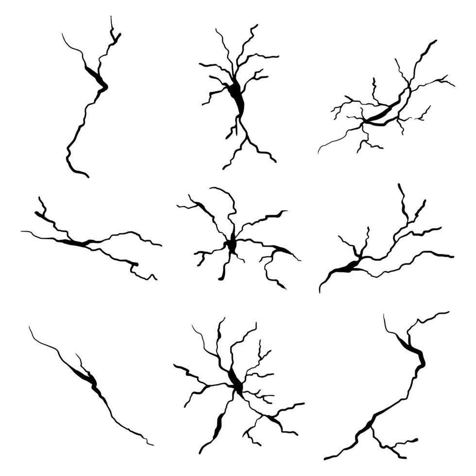 hand dragen knäckt glas, vägg, jord. blixt- storm effekt. klotter ha sönder uppsättning. vektor illustration