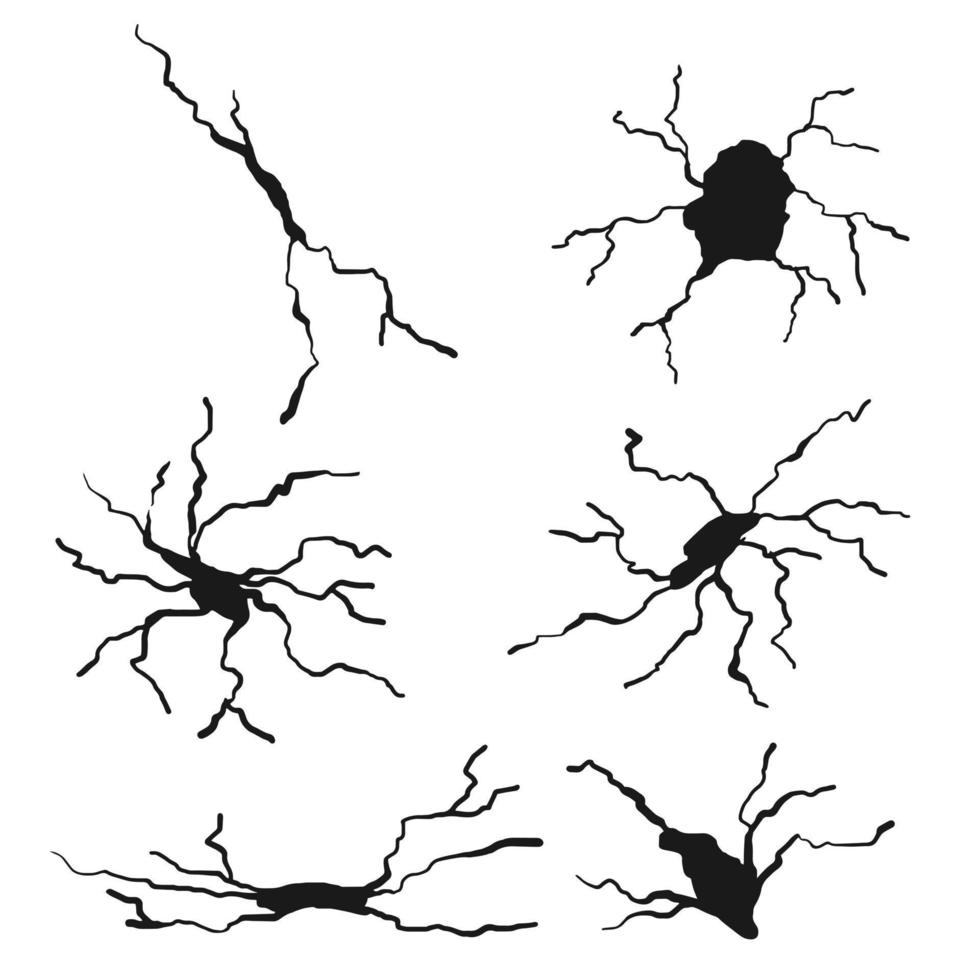 hand dragen knäckt glas, vägg, jord. blixt- storm effekt. klotter ha sönder uppsättning. vektor illustration