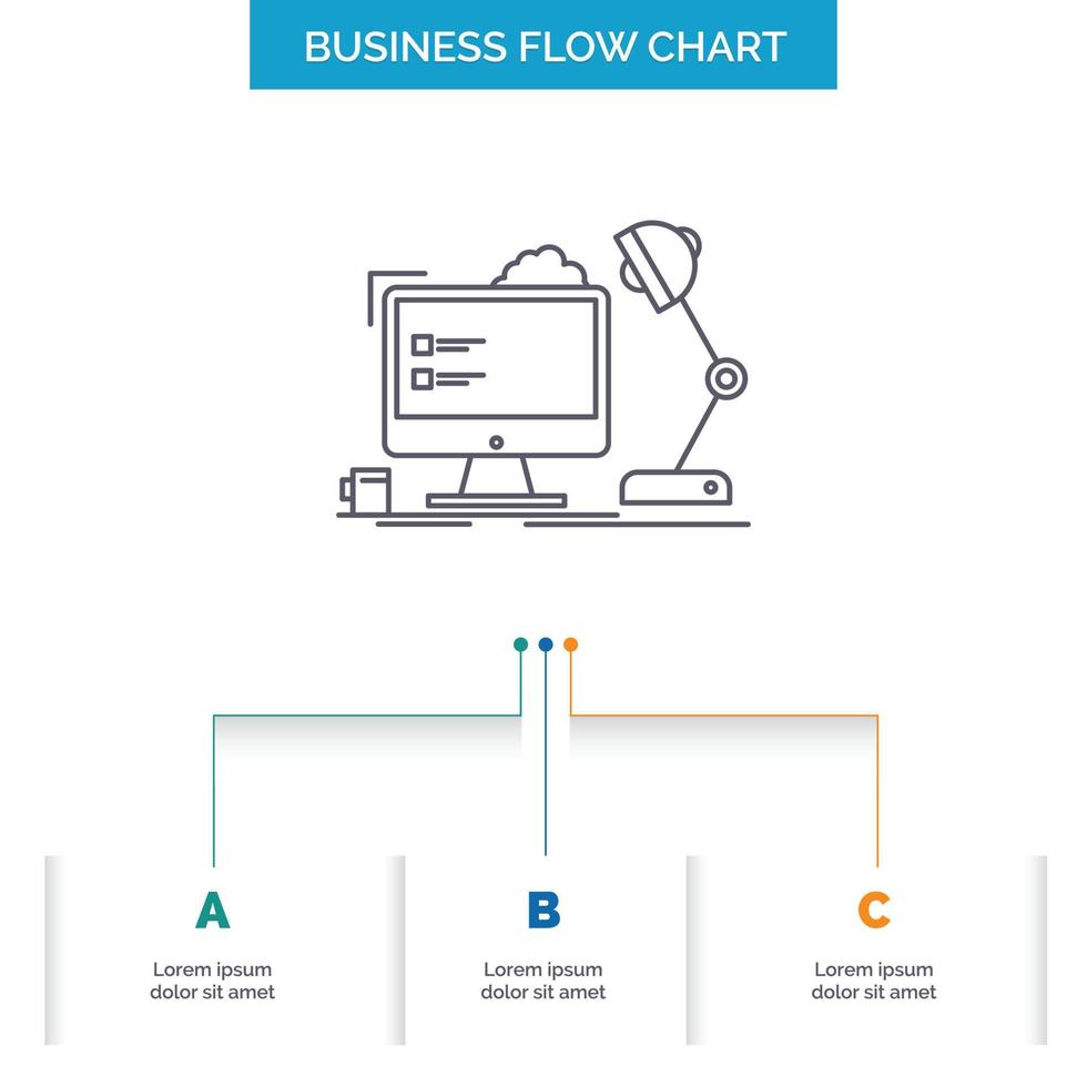 arbetsplats. arbetsstation. kontor. lampa. dator företag strömma Diagram design med 3 steg. linje ikon för presentation bakgrund mall plats för text vektor