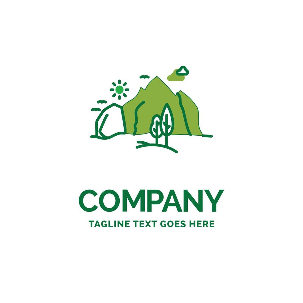 hügel. Landschaft. Natur. Berg. Baum flache Business-Logo-Vorlage. kreatives grünes markendesign. vektor