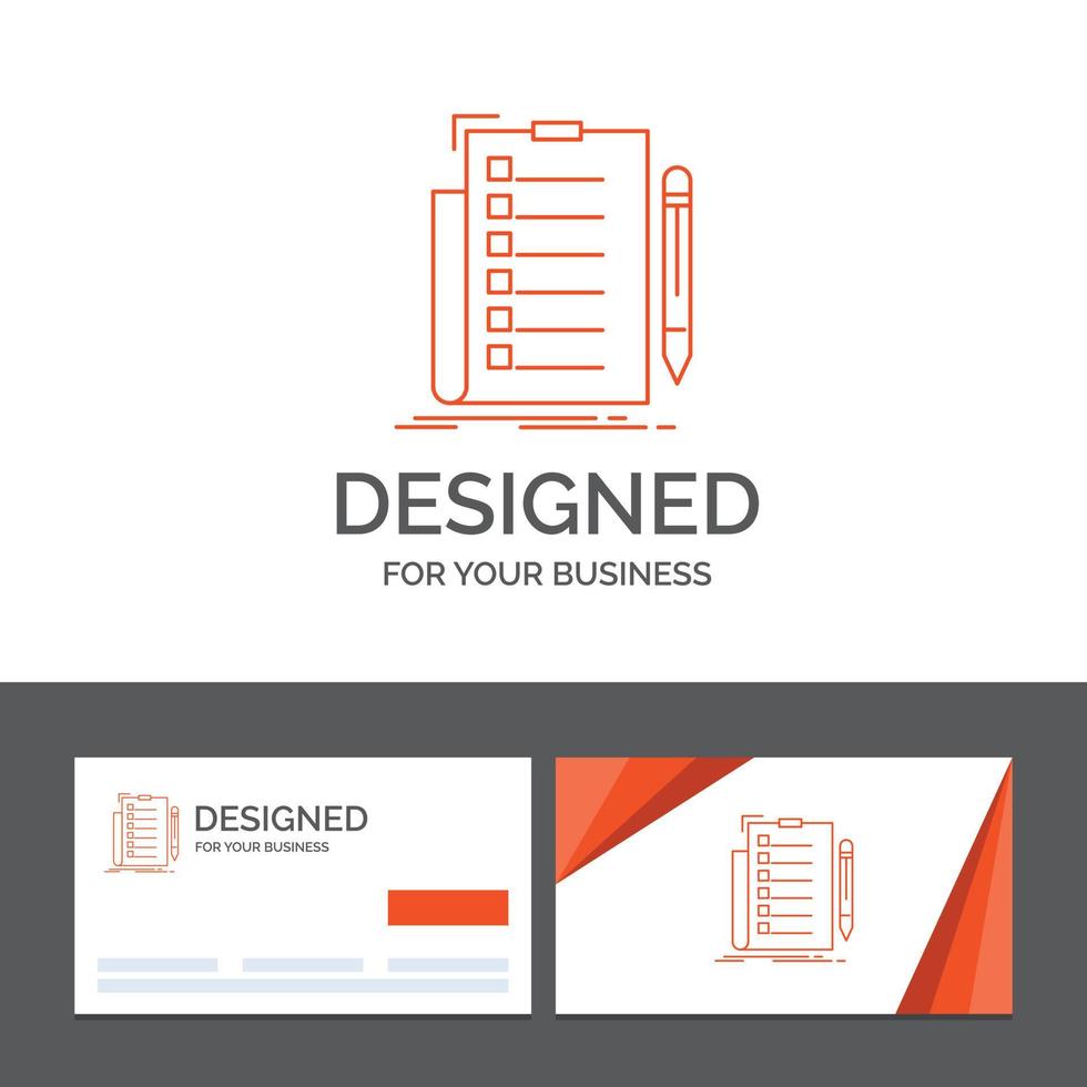 Business-Logo-Vorlage für Fachwissen. Checkliste. überprüfen. aufführen. dokumentieren. orange visitenkarten mit markenlogo-vorlage vektor