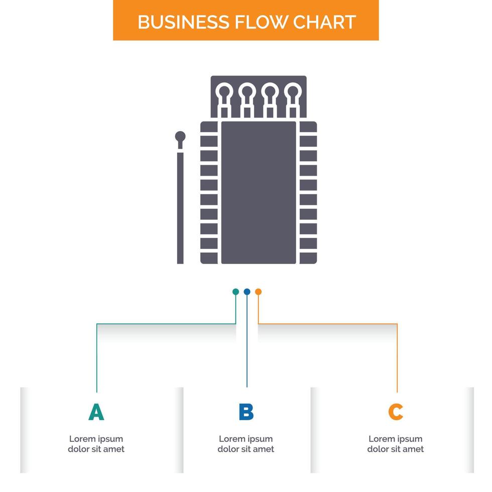 Streichhölzer. Camping. Feuer. Lagerfeuer. Box-Business-Flow-Chart-Design mit 3 Schritten. Glyphensymbol für Präsentationshintergrundvorlage Platz für Text. vektor