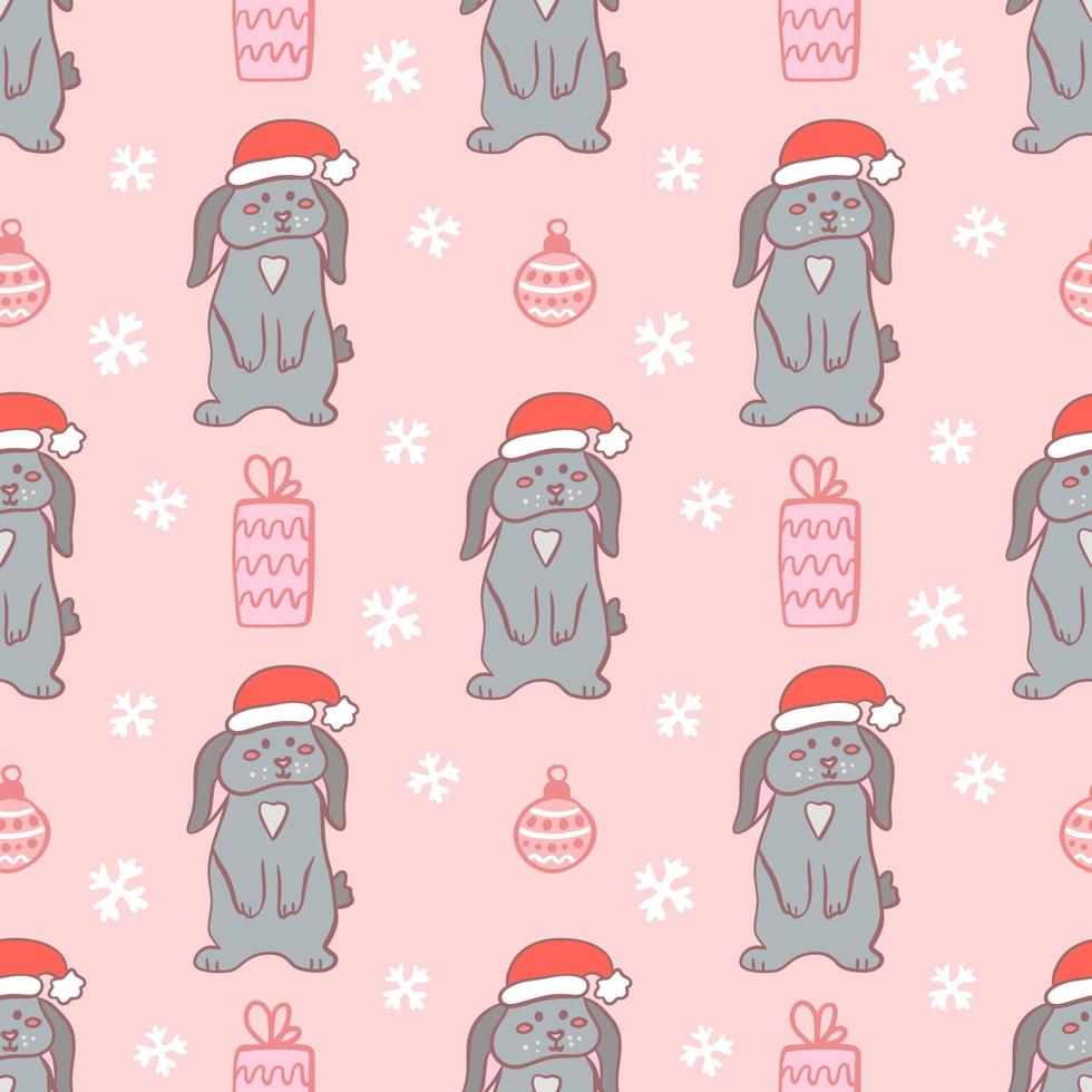 süße kaninchen in weihnachtsmütze mit geschenken und weihnachtsbaumspielzeug auf rosa hintergrund, vektor festliches nahtloses muster