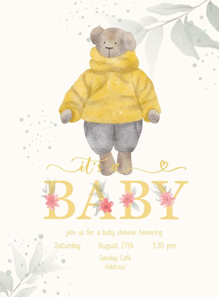 es ist ein Baby. babypartybeschriftungs-einladungsschablone mit aquarellplüschtier und grünem blatt. vektor