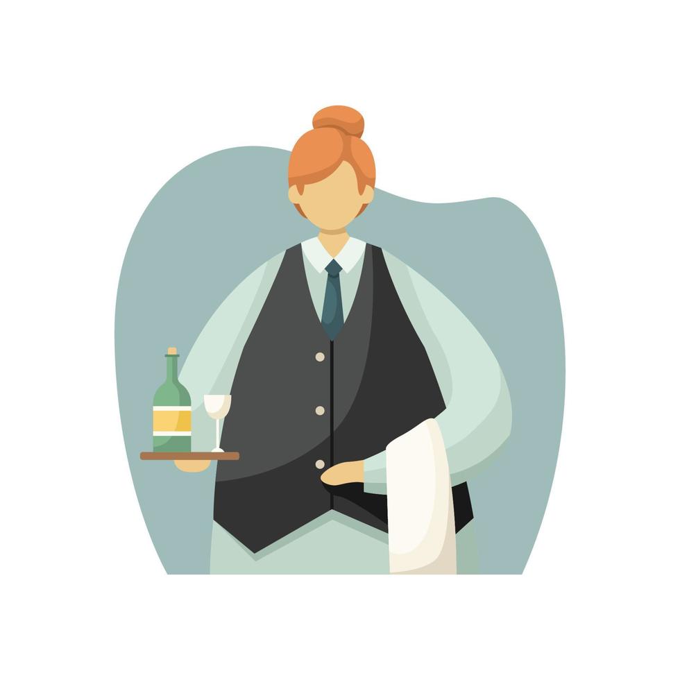 vektor illustration av en uniformerad servitör med en bricka i henne händer och en handduk. yrke.