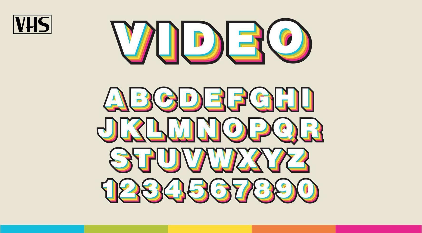 90 s vhs alfabet, regnbåge färger sans serif brev och tal. analog retro font. vektor