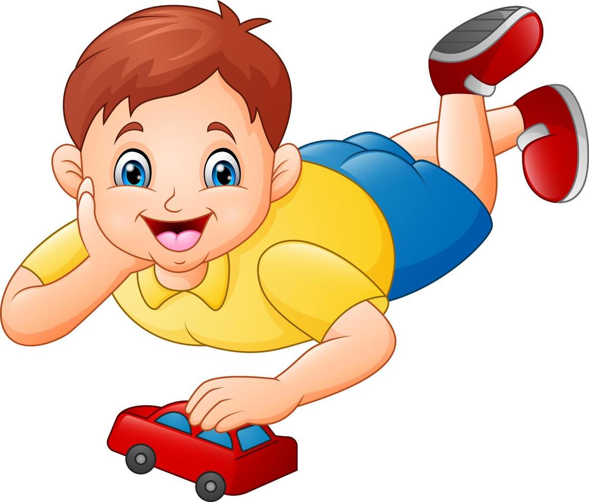 süßer kleiner junge, der rotes spielzeugauto spielt vektor