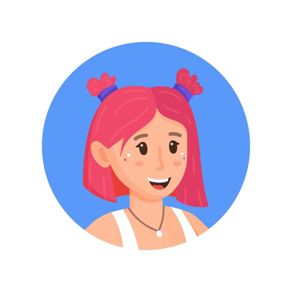 Vektorillustration eines erwachsenen Mädchens. Foto eines Mädchens mit rosa Haaren. Bloggerin auf blauem Hintergrund. vektor