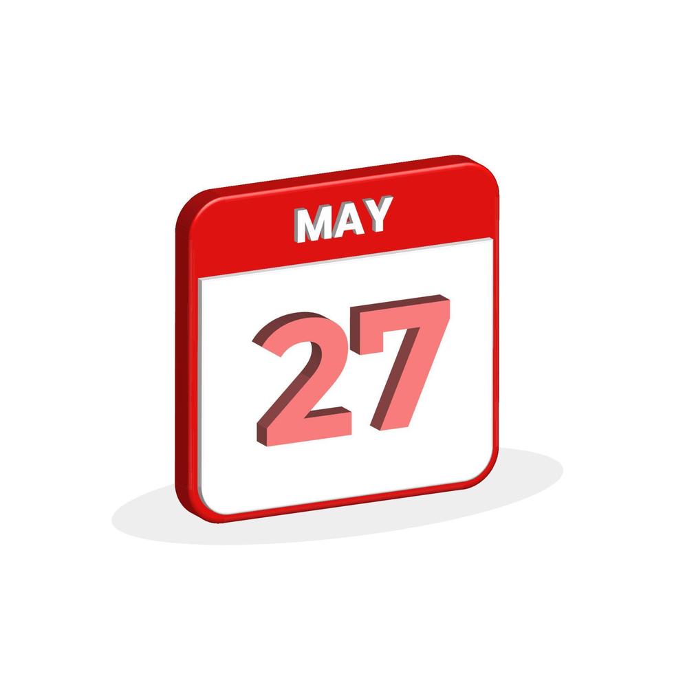 27. Mai Kalender 3D-Symbol. 3d mai 27 kalenderdatum, monatssymbolvektorillustrator vektor