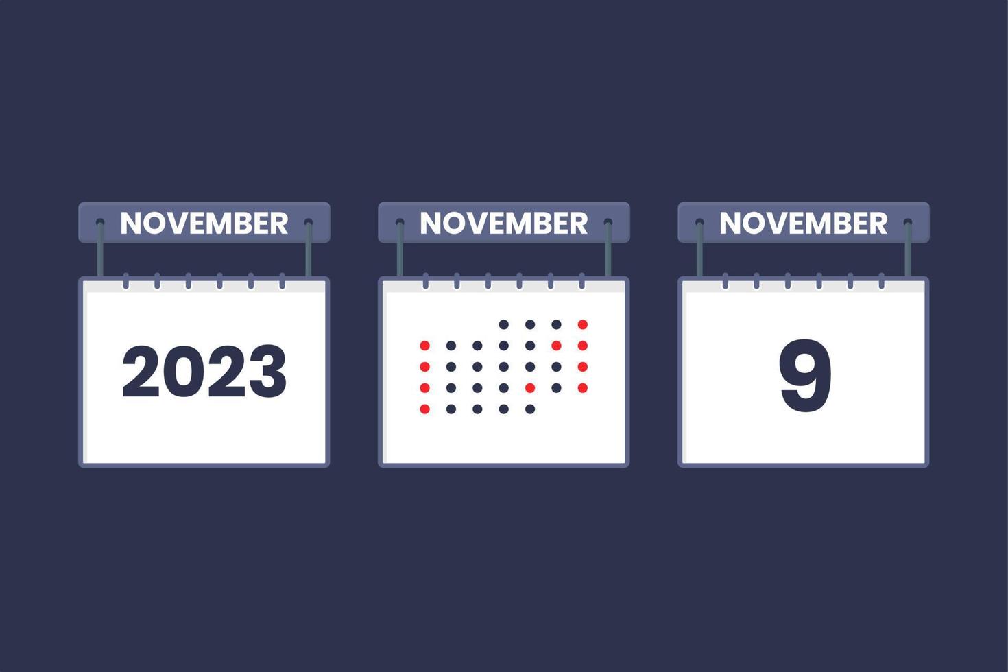 2023 Kalenderdesign 9. November Symbol. 9. november kalenderplan, termin, wichtiges datumskonzept. vektor
