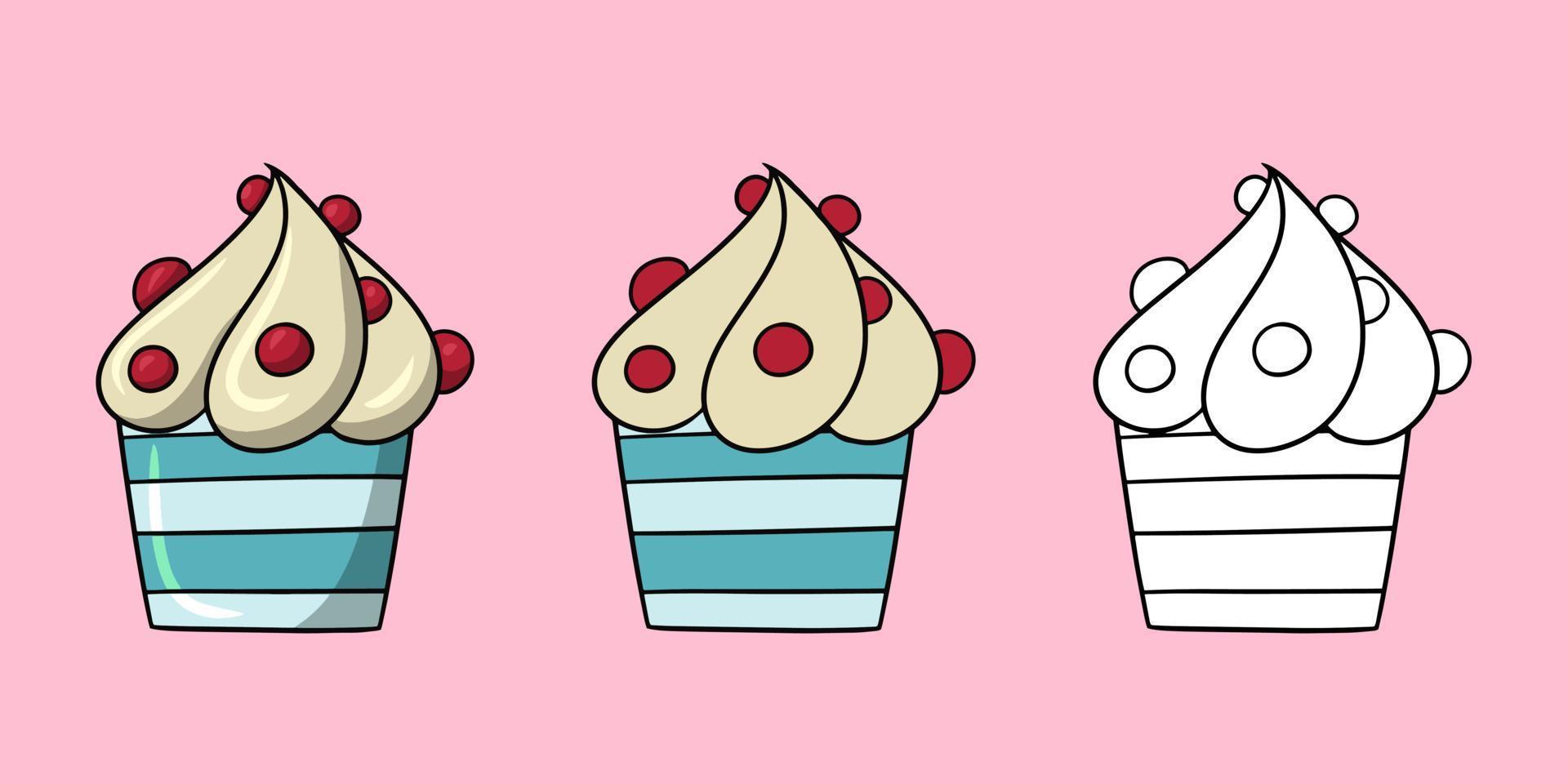 horizontale Reihe von Bildern, köstlicher Cupcake mit zarter Sahne und hellen Beeren, Vektorillustration im Cartoon-Stil auf farbigem Hintergrund vektor