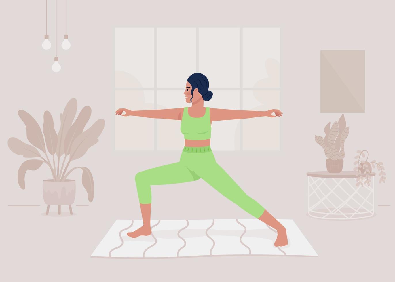 lady håller på med yoga asana på Hem platt Färg vektor illustration. rutin- fysisk aktivitet. sportigt hobby. fullt redigerbar 2d enkel tecknad serie karaktär med inhemsk interiör på bakgrund