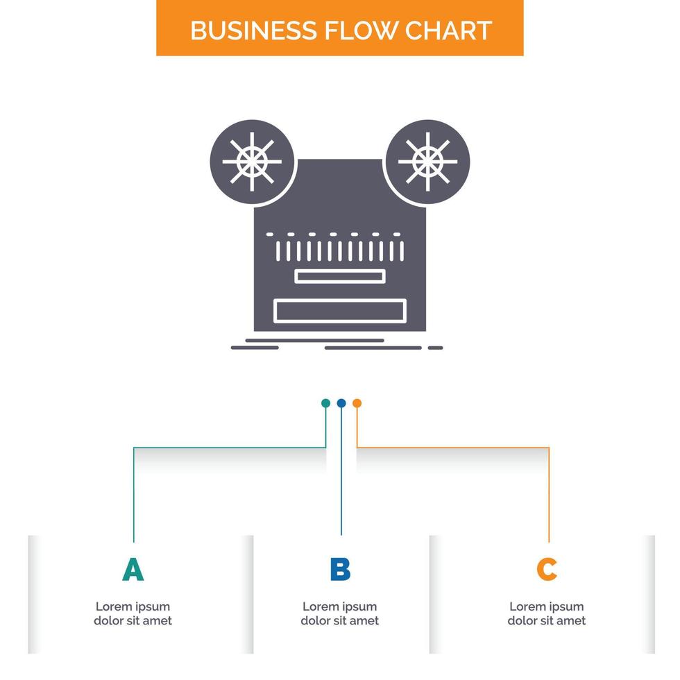 Aufzeichnung. Aufzeichnung. retro. Band. Musikgeschäft Flussdiagramm-Design mit 3 Schritten. Glyphensymbol für Präsentationshintergrundvorlage Platz für Text. vektor