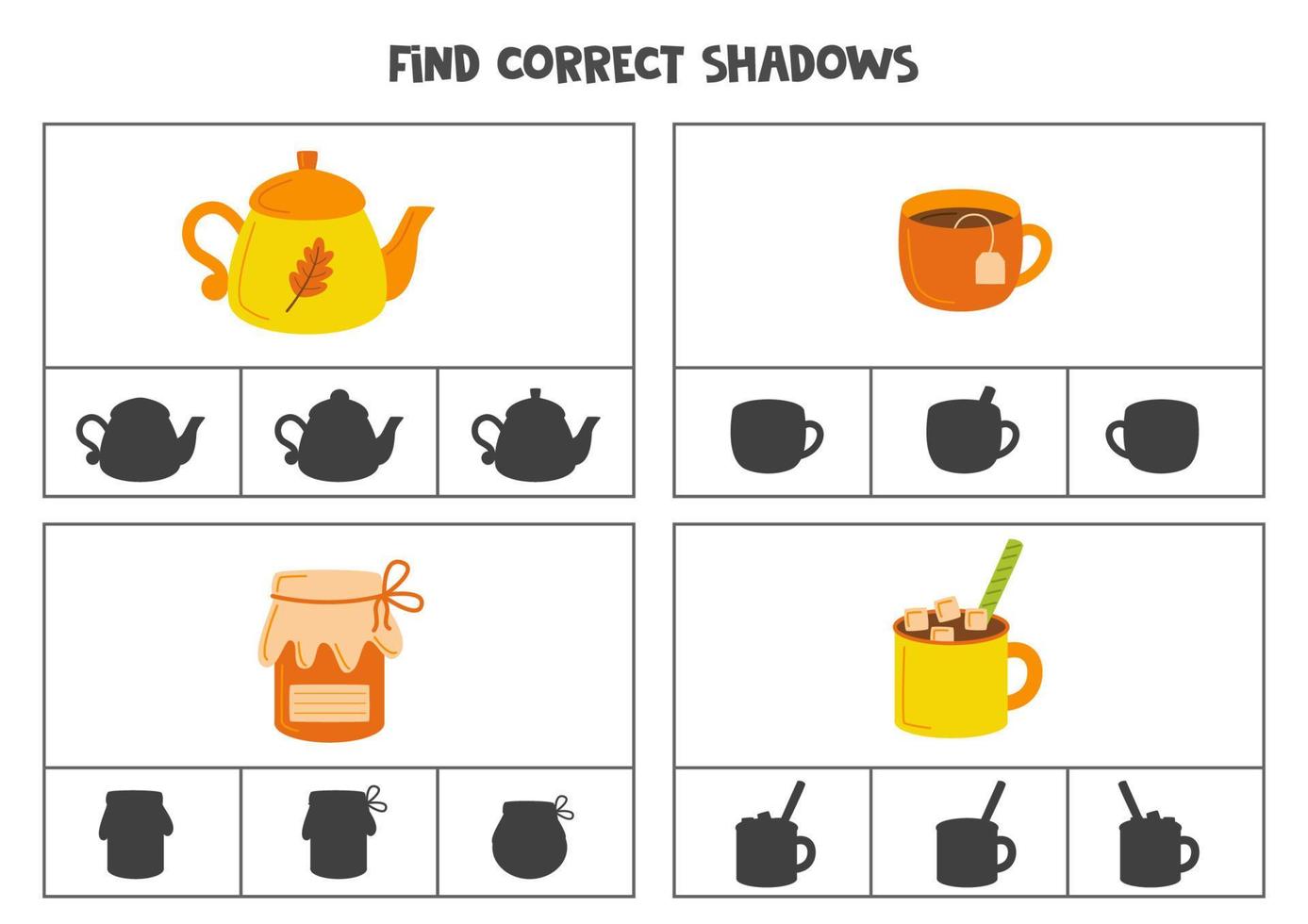 hitta korrekt skugga av höst föremål. tryckbar klämma kort spel för barn. vektor