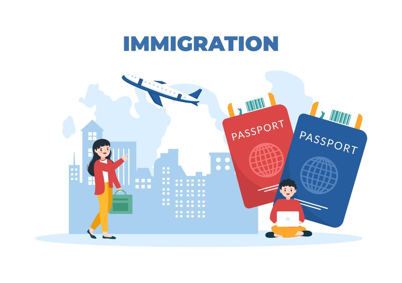 invandring mall hand dragen tecknad serie platt illustration av dokumentera med visum och pass för rör på sig till annan Land vektor