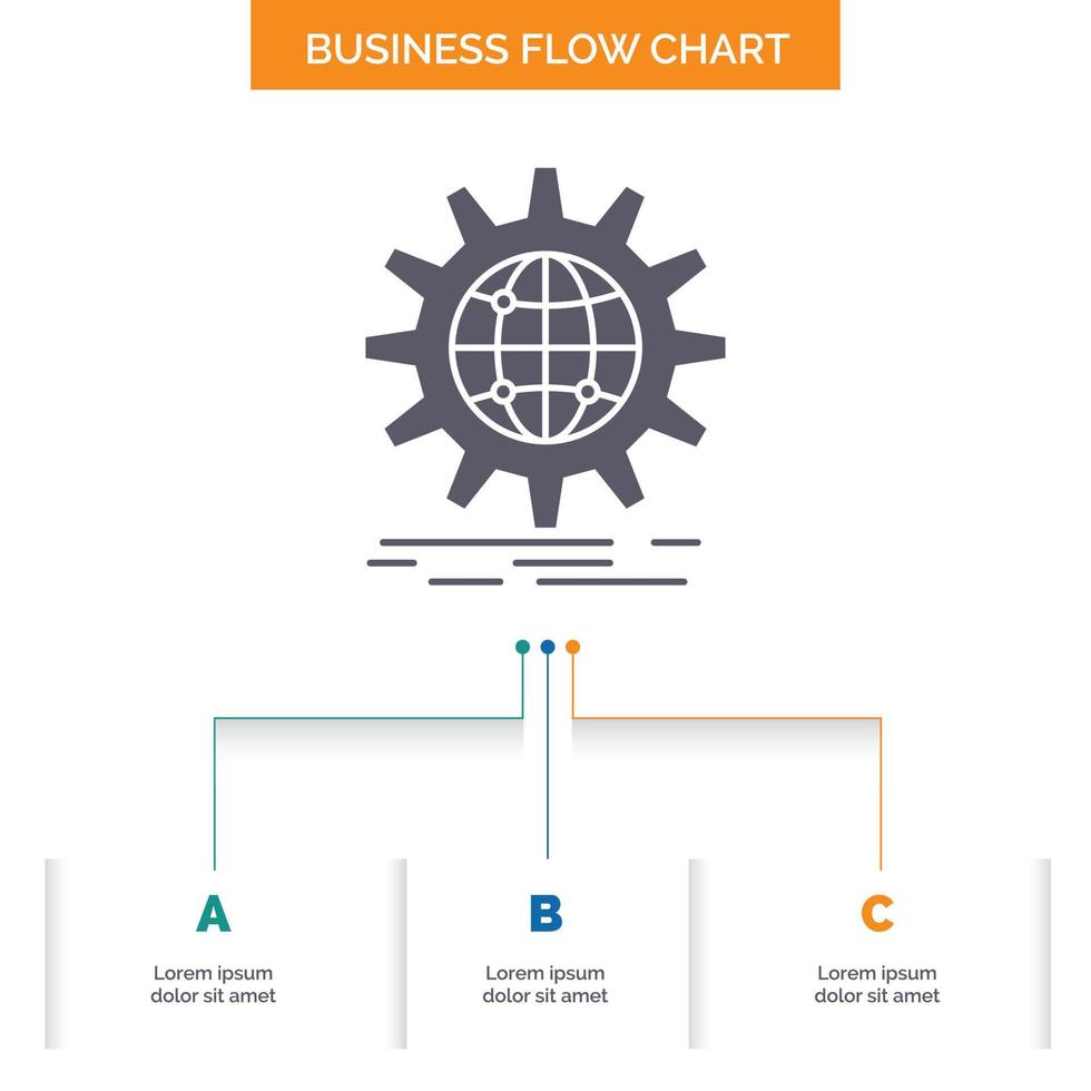 International. Geschäft. Globus. weltweit. Zahnrad-Business-Flussdiagramm-Design mit 3 Schritten. Glyphensymbol für Präsentationshintergrundvorlage Platz für Text. vektor