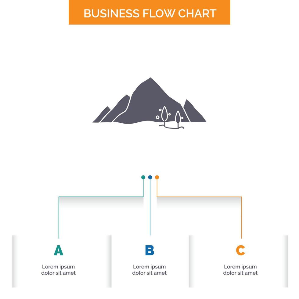 Berg. Landschaft. hügel. Natur. Baum-Business-Flow-Chart-Design mit 3 Schritten. Glyphensymbol für Präsentationshintergrundvorlage Platz für Text. vektor