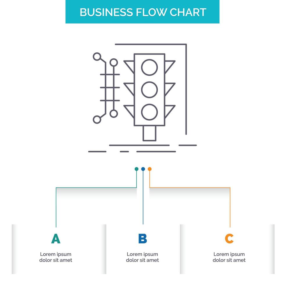 Stadt. Management. Überwachung. Clever. Traffic-Business-Flussdiagramm-Design mit 3 Schritten. Liniensymbol für Präsentation Hintergrundvorlage Platz für Text vektor