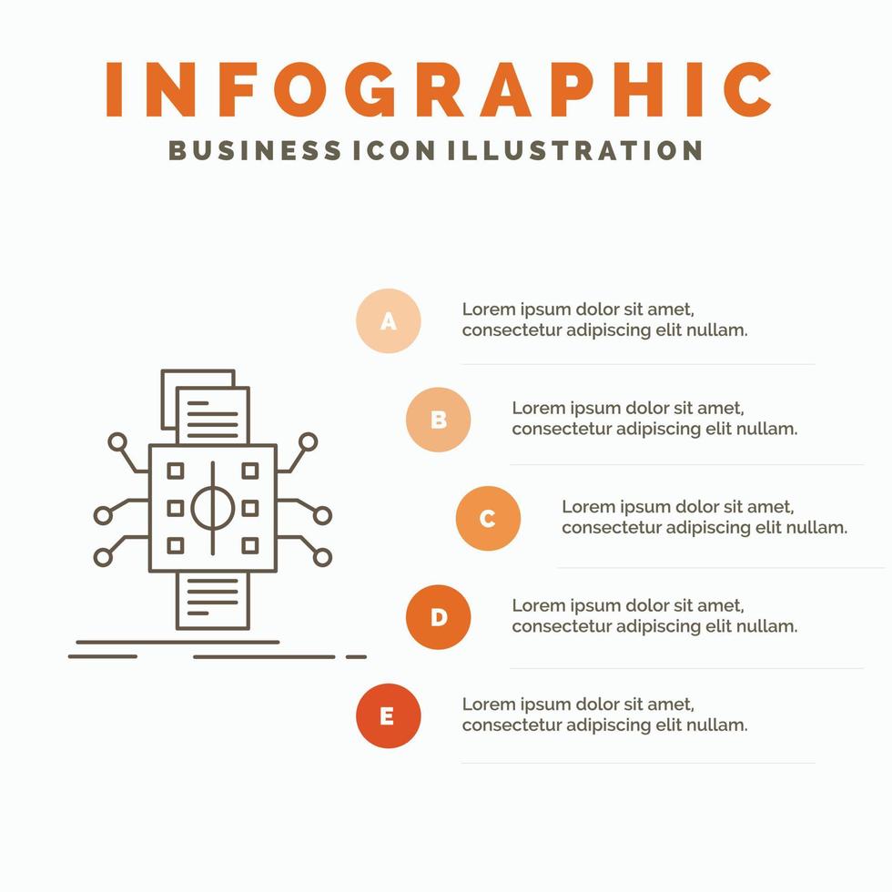 analys. data. utgångspunkt. bearbetning. rapportering infographics mall för hemsida och presentation. linje grå ikon med orange infographic stil vektor illustration