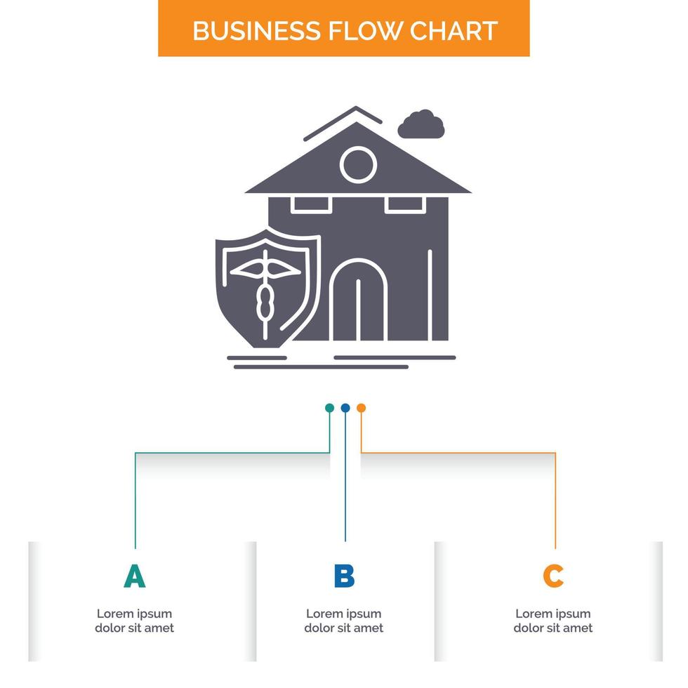 Versicherung. Heimat. Haus. Unfall. Schutz Business Flow Chart Design mit 3 Schritten. Glyphensymbol für Präsentationshintergrundvorlage Platz für Text. vektor
