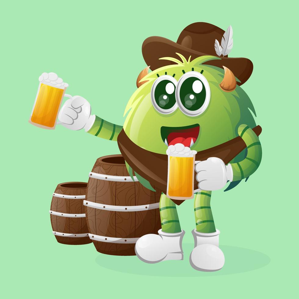 söt grön monster fira oktoberfest med innehav öl vektor
