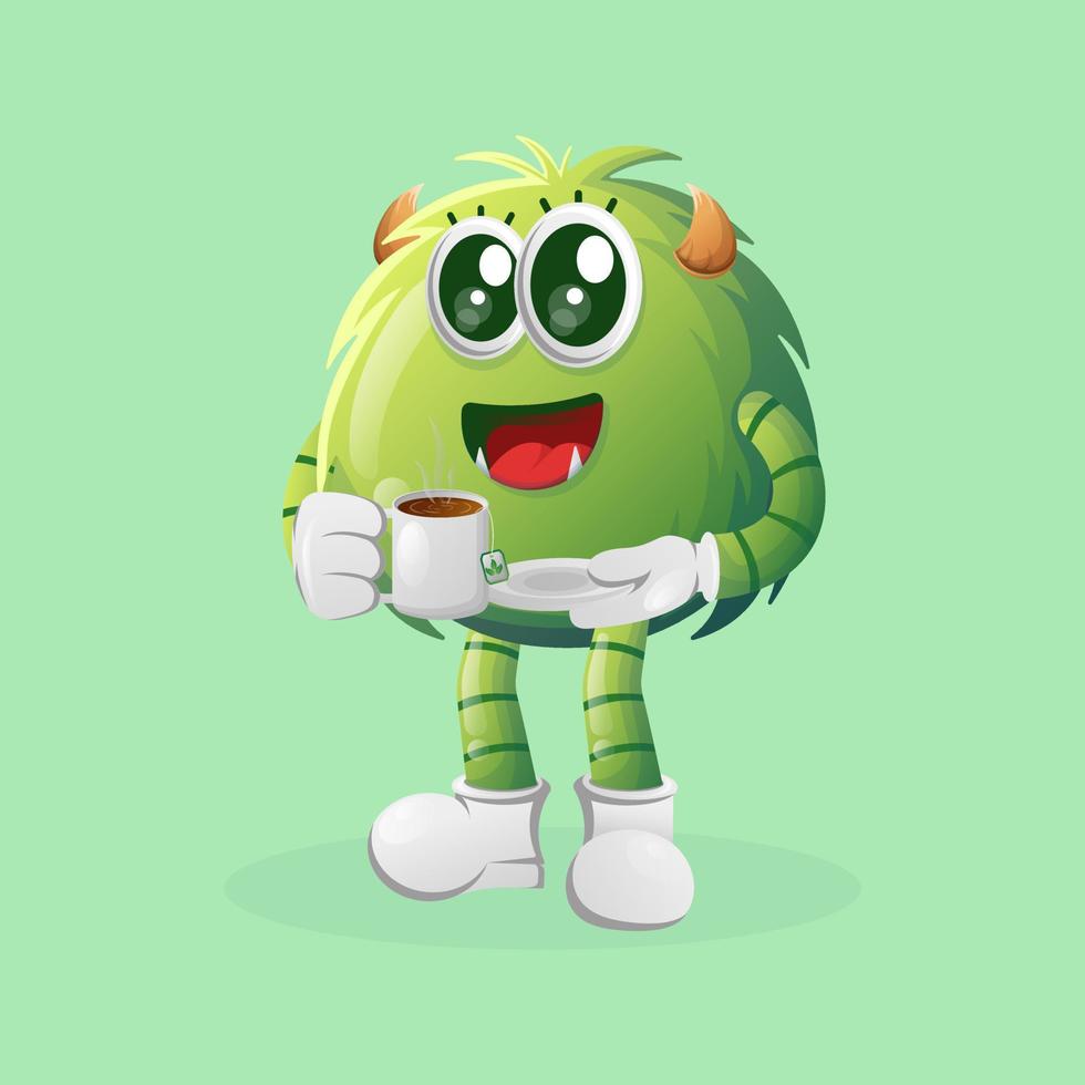 süßes grünes monster trinkt tee, teezeit vektor