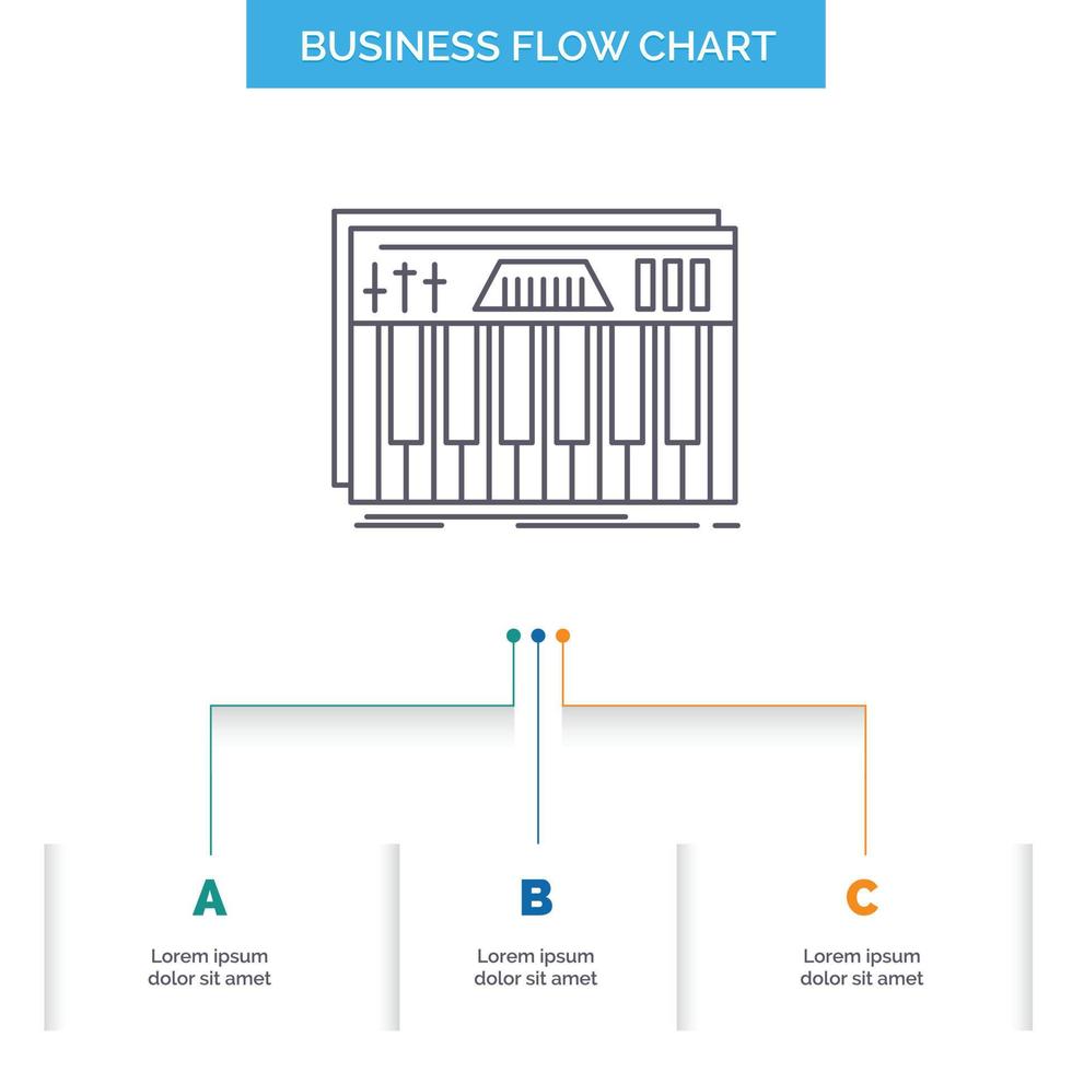 kontroller. tangentbord. nycklar. midi. ljud företag strömma Diagram design med 3 steg. linje ikon för presentation bakgrund mall plats för text vektor