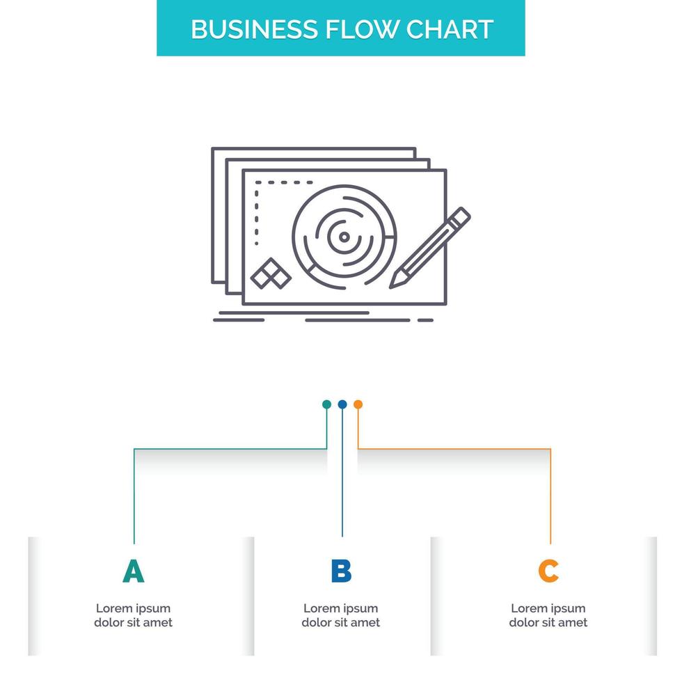 eben. Entwurf. Neu. Komplett. Spiel Business Flow Chart-Design mit 3 Schritten. Liniensymbol für Präsentation Hintergrundvorlage Platz für Text vektor