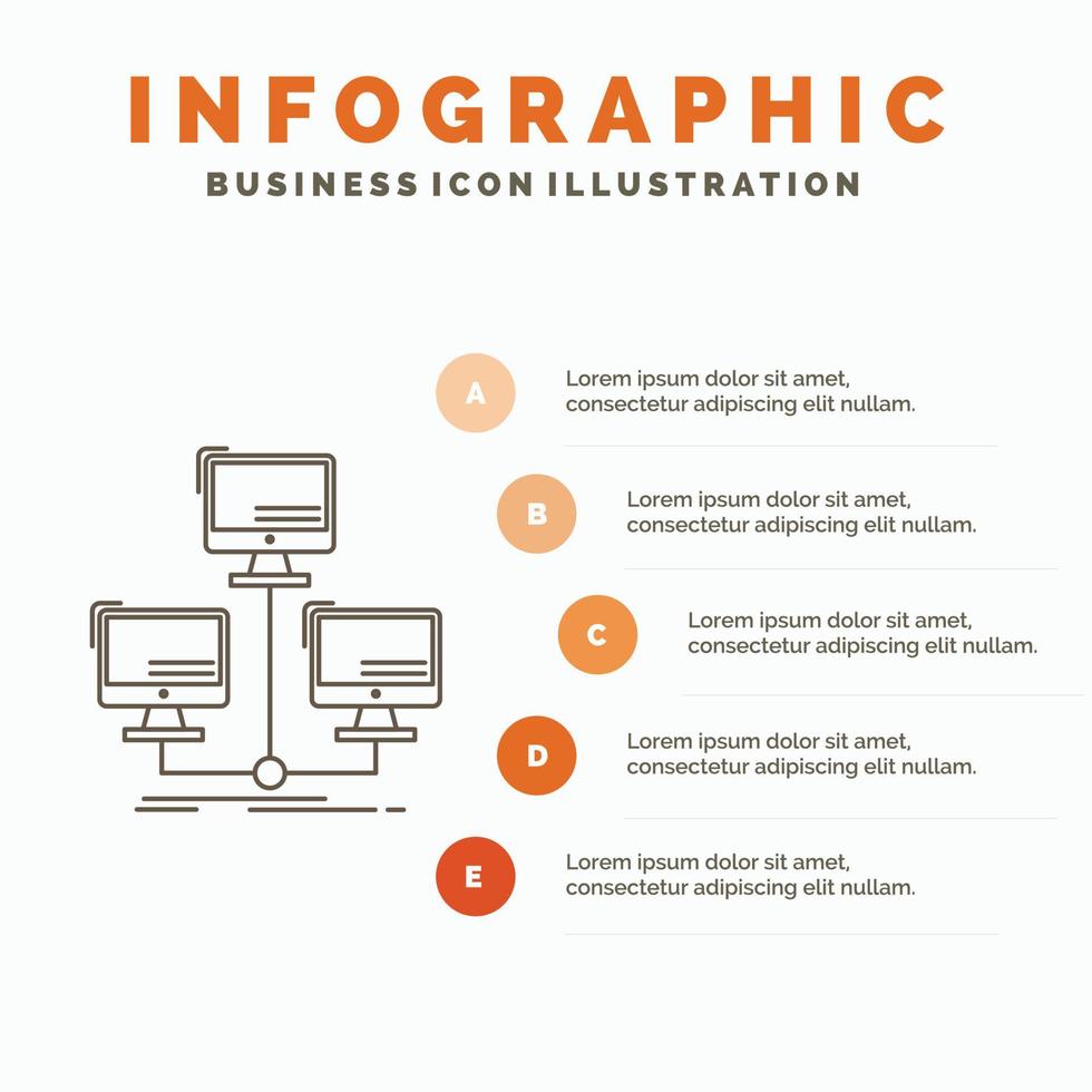 Datenbank. verteilt. Verbindung. Netzwerk. Computer-Infografik-Vorlage für Website und Präsentation. Linie graues Symbol mit orangefarbener Infografik-Stil-Vektorillustration vektor