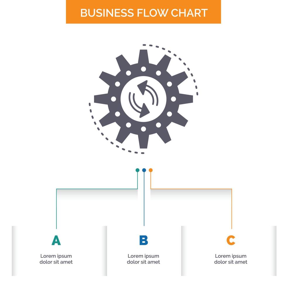 förvaltning. bearbeta. produktion. uppgift. arbete företag strömma Diagram design med 3 steg. glyf ikon för presentation bakgrund mall plats för text. vektor