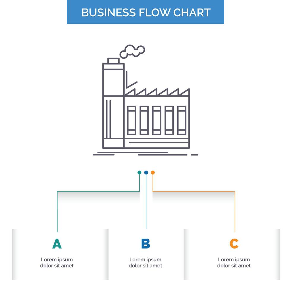 Fabrik. industriell. Industrie. Herstellung. Design des Produktionsgeschäftsflussdiagramms mit 3 Schritten. Liniensymbol für Präsentation Hintergrundvorlage Platz für Text vektor