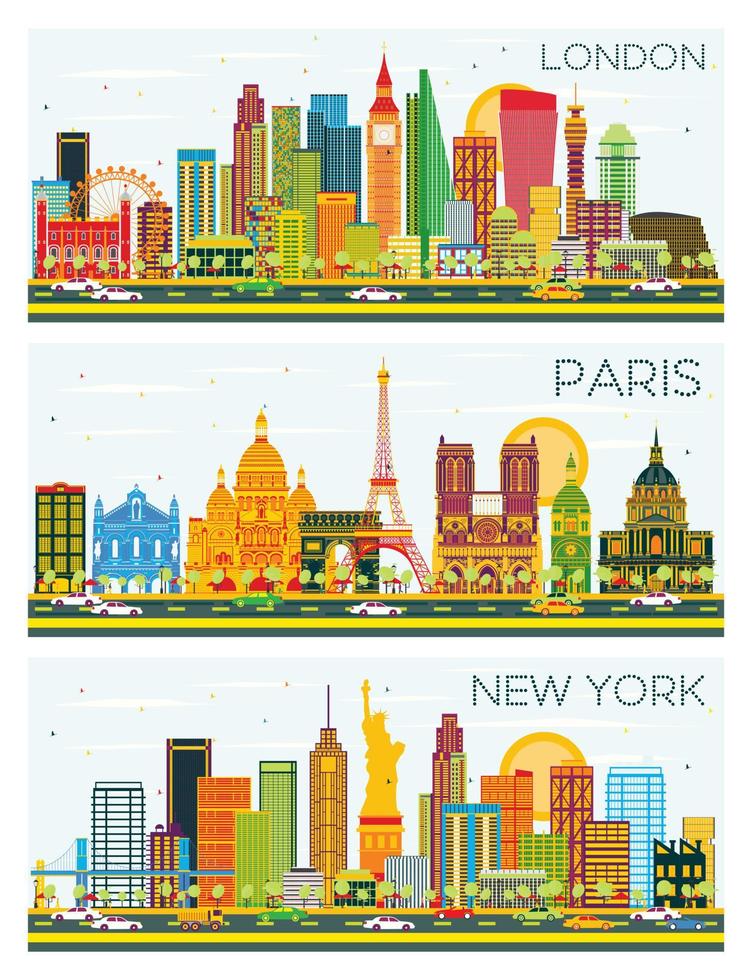 london, paris, new york skyline mit farbigen gebäuden und blauem himmel. vektor