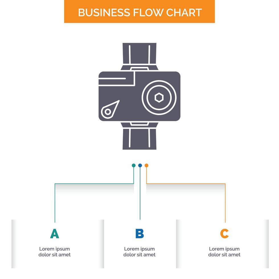 Kamera. Aktion. Digital. Video. Foto-Business-Flussdiagramm-Design mit 3 Schritten. Glyphensymbol für Präsentationshintergrundvorlage Platz für Text. vektor