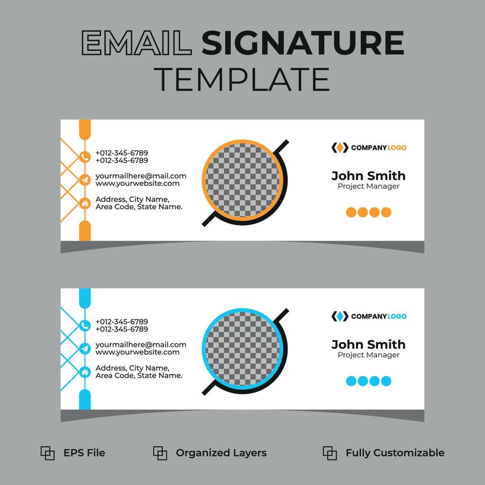 företags- modern e-post signatur eller e-post sidfot och personlig social media omslag design, platt, abstrakt, modern, och minimal mall med mörk blå, gul, svart färger, vektor illustration layout.