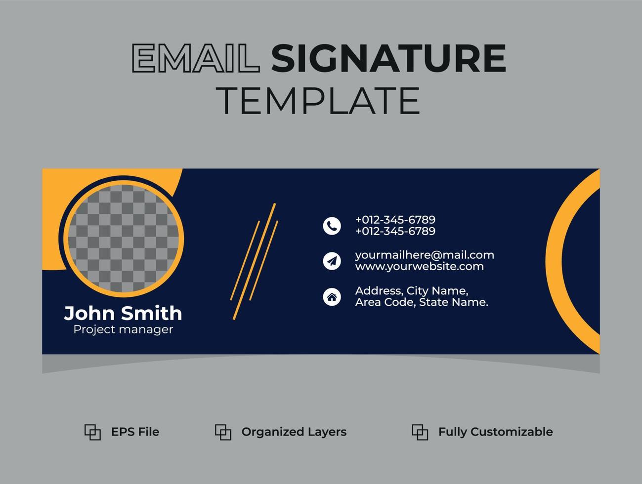 Corporate Modern E-Mail-Signatur oder E-Mail-Fußzeile und persönliches Social-Media-Cover-Design, flache, abstrakte, moderne und minimale Vorlage mit dunkelblauen, gelben, schwarzen Farben, Vektorgrafik-Layout. vektor