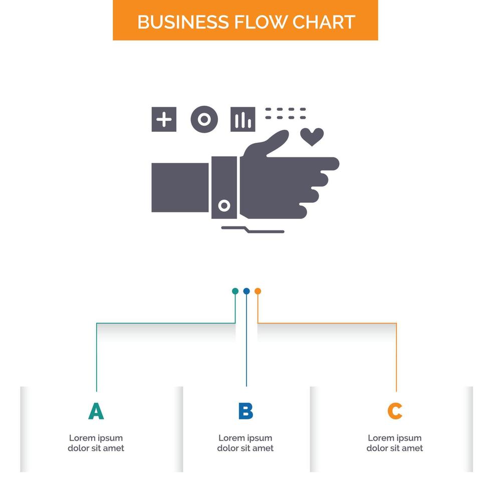 Überwachung. Technologie. Fitness. Herz. Puls-Business-Flow-Chart-Design mit 3 Schritten. Glyphensymbol für Präsentationshintergrundvorlage Platz für Text. vektor