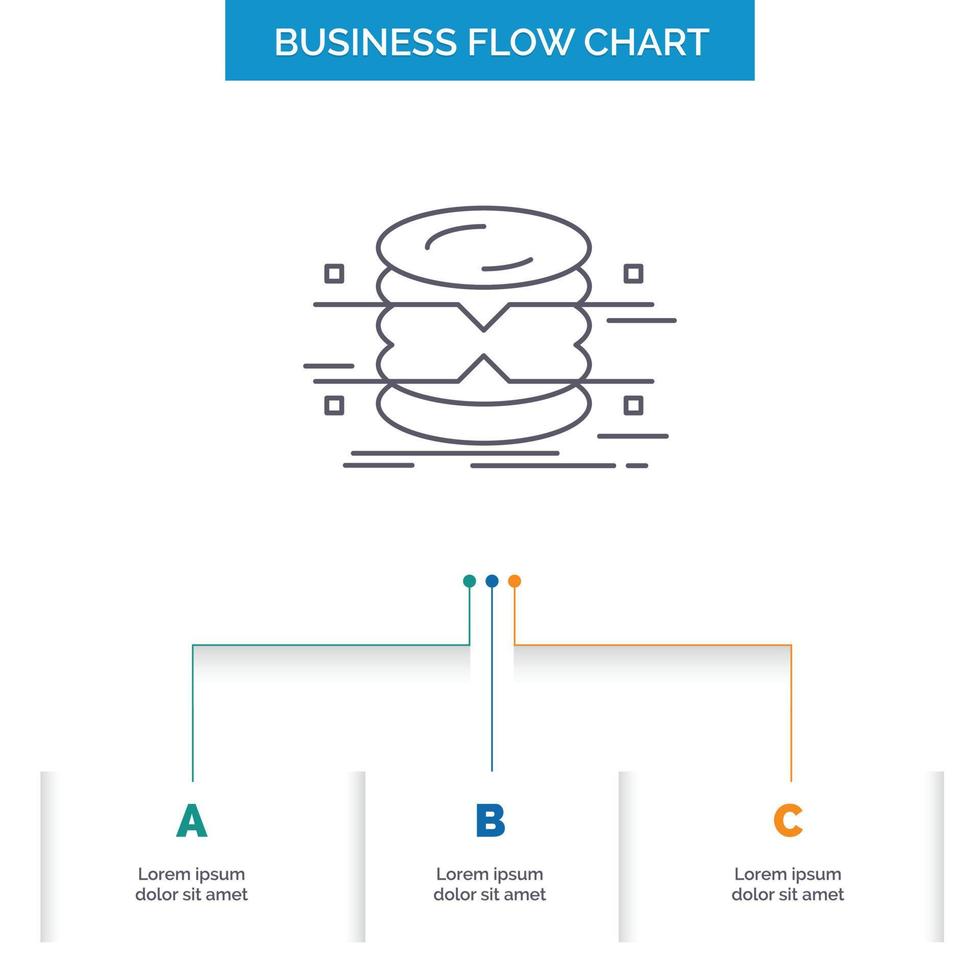 Datenbank. Daten. die Architektur. Infografiken. Überwachung des Geschäftsflussdiagrammdesigns mit 3 Schritten. Liniensymbol für Präsentation Hintergrundvorlage Platz für Text vektor