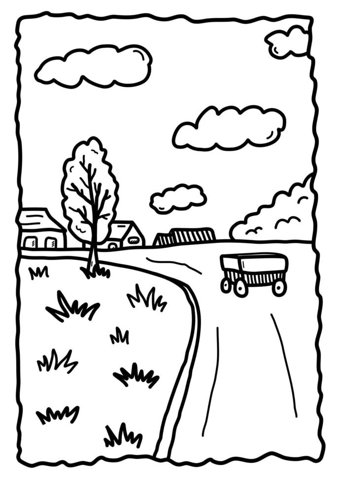 Hand gezeichnete Kinderfarbseite mit Dorflandschaftsgekritzelart, Vektorillustration lokalisiert auf weißem Hintergrund. Natur, schwarzer Umriss, Ansicht mit Karren, Häusern und Bäumen vektor