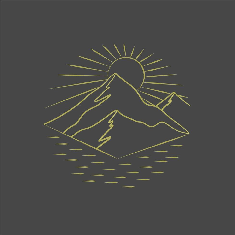 Vektor-Berge-Logo. Strichzeichnungen. Sonne, See und Berge. goldene Landschaft. Camping, Wandersymbol. Natur-Symbol. hand gezeichnete reiseillustration. Zeilensymbole. Schneegipfel. Sonne, Himmel und Wasser. Sonnenuntergang. vektor