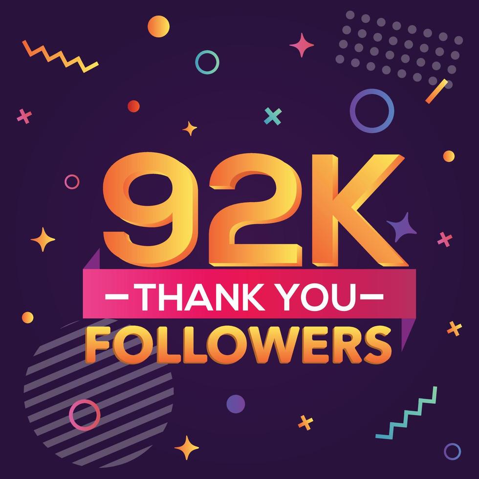 Danke 92000 Follower, danke Banner. Erste 92.000 Follower-Glückwunschkarte mit geometrischen Figuren, Linien, Quadraten, Kreisen für soziale Netzwerke. Web-Blogger feiern eine große Anzahl von Abonnenten. vektor