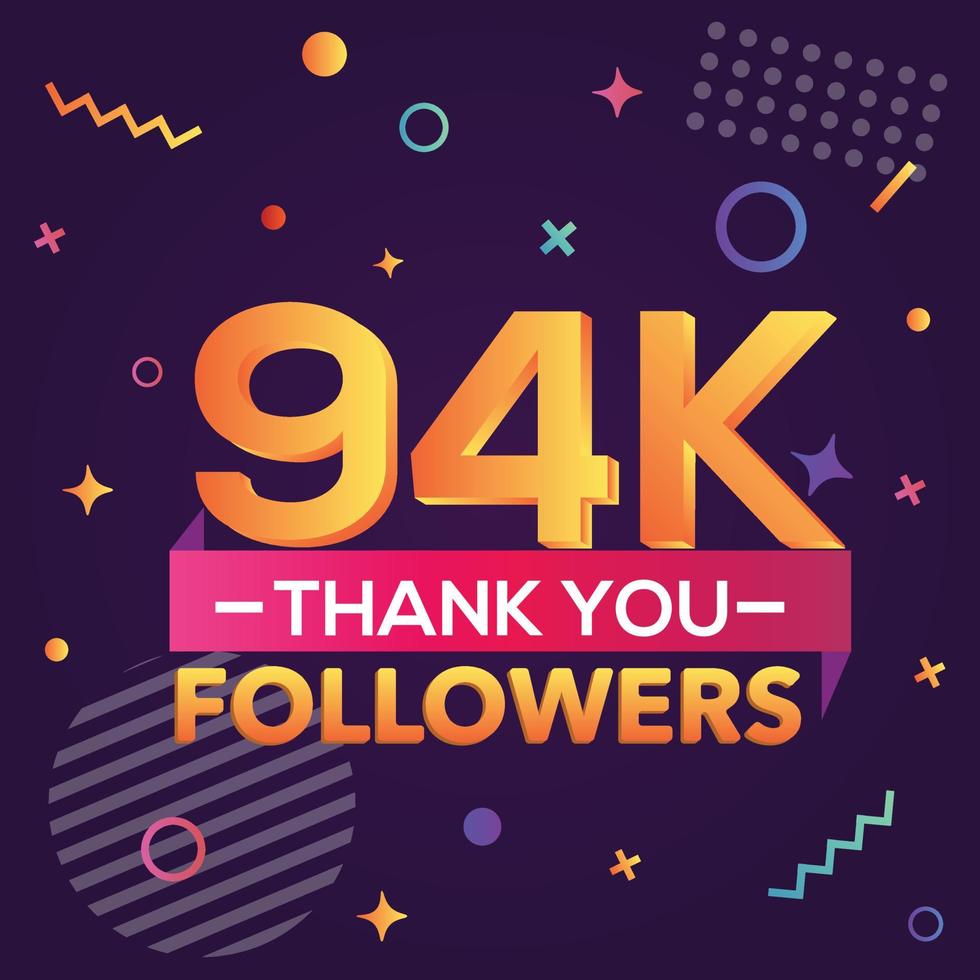 Danke 94000 Follower, danke Banner. Erste 94.000 Follower-Glückwunschkarte mit geometrischen Figuren, Linien, Quadraten, Kreisen für soziale Netzwerke. Web-Blogger feiern eine große Anzahl von Abonnenten. vektor