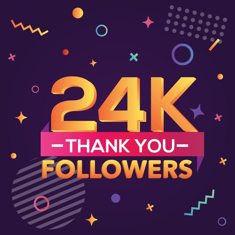 Danke 24000 Follower, danke Banner. Erste 24.000 Follower-Glückwunschkarte mit geometrischen Figuren, Linien, Quadraten, Kreisen für soziale Netzwerke. Web-Blogger feiern eine große Anzahl von Abonnenten. vektor
