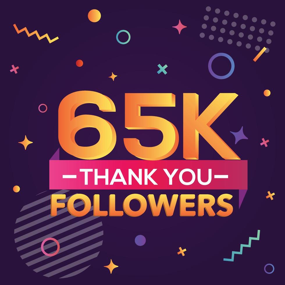 Danke 65000 Follower, danke Banner. Erste 65.000 Follower-Glückwunschkarte mit geometrischen Figuren, Linien, Quadraten, Kreisen für soziale Netzwerke. Web-Blogger feiern eine große Anzahl von Abonnenten. vektor